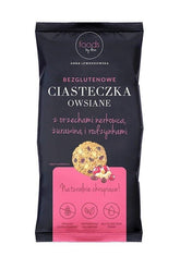 Gluten-free oat cookies with cashews and cranberries, packaged in a colorful bag.